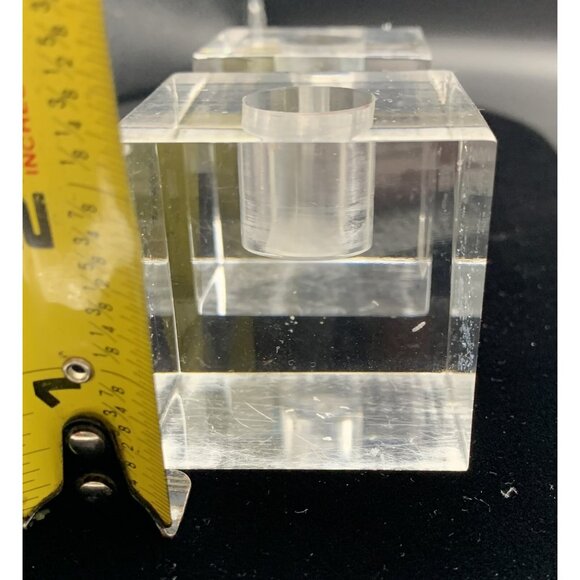 Lucite Block Cube Taper Candlestick Holder MCM Set 2 Vtg Clear Acrylic Incised - Picture 11 of 11